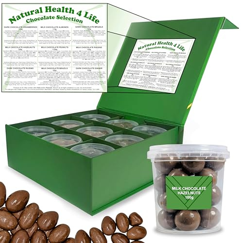 Natural Health 4 Life Carol Anne Chocolate Gift Box 1030 g – 9 Varieties of Milk and Dark Chocolate Nuts in Resealable Pots – Gift for Easter, Birthdays and Christmas