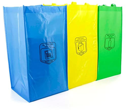 Bolsas Reciclaje Basura 3 Colores - Pack con Bolsa de Reciclaje Azul, Verde y Amarilla para Reciclar Plástico, Vidrio, Papel y Cartón en la Cocina - Duraderas, 23L, con asas y Guía de Reciclaje