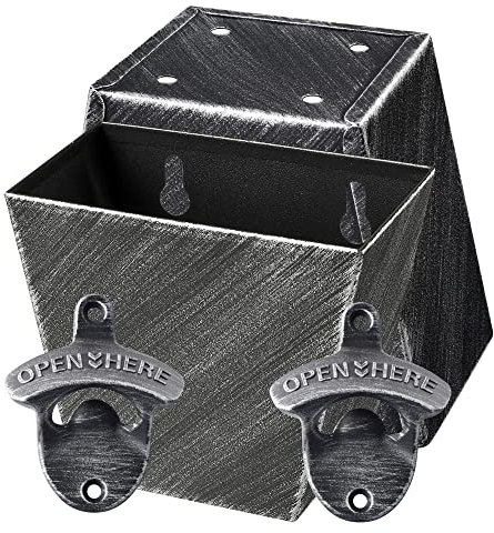 HAIICEN Antique Silver Beer Bottle Opener Wall Mounted Soda Bottle Cap Opener with Cap Catcher Holder Drained for Table Cooler Post (Pack of 2)