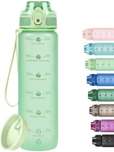 Alwager 32oz Motivational Water Bottles with Time Marker & Fruit Strainer, Single Color Water Bottle with Times to Drink, Leakproof & BPA Free, Reusable Plastic Bottle with Strap (No Straw)
