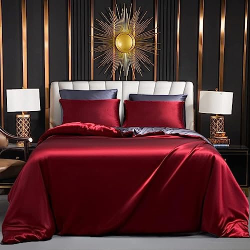 Juego de cama de 240 x 260 raso vino tinto gris sólido funda nórdica para 2 personas adultas, seda lisa, sedosa brillante, juego de cama con cremallera y 2 x 65 x 65 cm, fundas de almohada