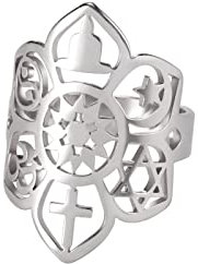 Lotus Ring Religiöse Mysteriensymbole Bandring Om Ohm Ring Davidstern Ring Kreuz Yin Yang Schutz Amulett Edelstahl Schmuck Geschenke für Frauen Mädchen (Silver)