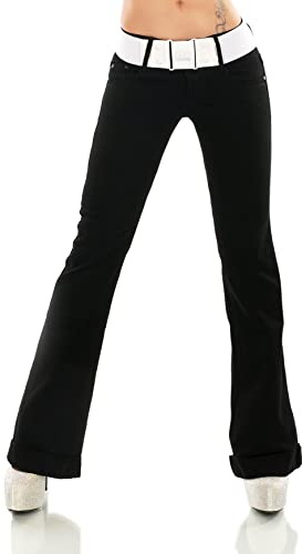 Damen Hüft Bootcut Jeans Hose Schlag Flarecut Stretch Denim Umschlagsaum Gürtel