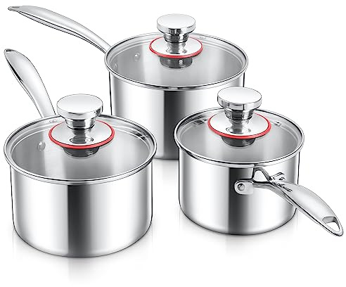 1/2/3QT Saucepan with Lid Set of 3, E-far 18/10 Stainless Steel Sauce Pan Pot Metal Triply Cookware for Kitchen Cooking Pasta Warming Milk Boiling Water, Induction Ready & Heavy Duty