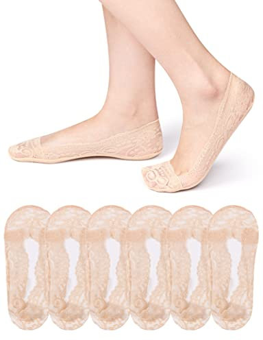 MELLIEX 6 Pares Calcetines Invisibles Mujer, Calcetines Cortos de Encaje Transpirables con Silicona de Antideslizantes