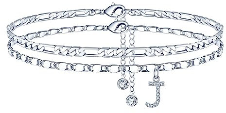Fußkettchen für Damen, Silber Fussketten für Frauen Fußkettchen mit CZ Buchstaben J Figarokette Doppelte Fußketten Geschenk für Sommer Stand Schmuck Frau Mädchen Tochter Freundin Geschenk Verstellbar
