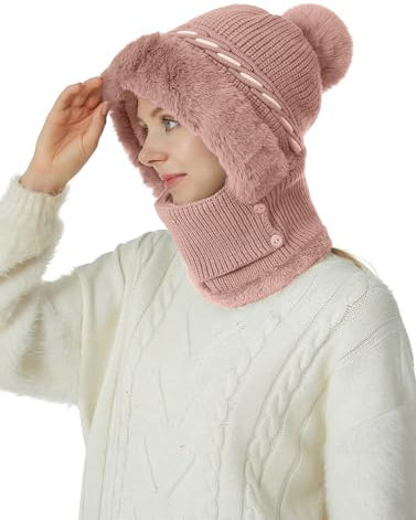 crazy bean Wintermütze Strickmütze Nackenwärmer Winter Stricken Mütze Damen Gesichtsabdeckung Warme Kopfhaube Outdoor (Rosa)