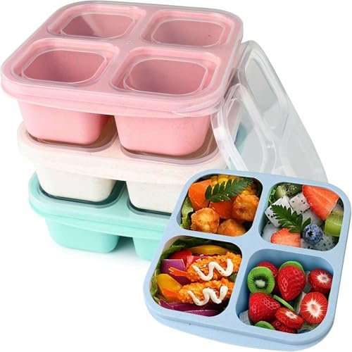 Surflyee 4 Stück Snackbox mit Fächern, 4 Fächer Bento Snackbox, Snack Box für Kinder und Erwachsene, Mikrowellensicherheit, Wiederverwendbar Bento Snack Box für Schule, Arbeit und Reisen