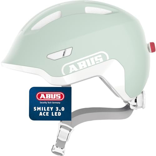 ABUS Kinderhelm Smiley 3.0 ACE LED - Fahrradhelm mit Licht - Tiefe Passform & Platz für einen Zopf - für Mädchen und Jungs - Pure Mint, Größe S