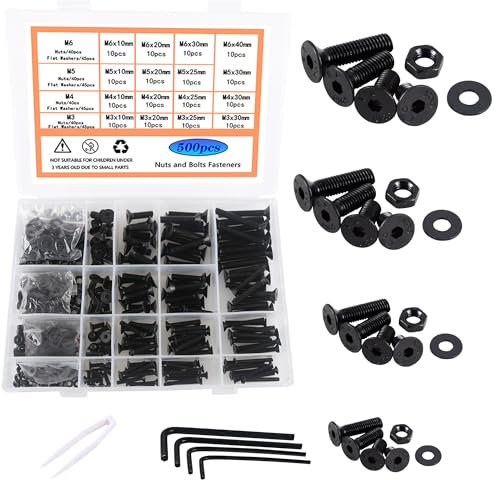 Rshuhx M3 M4 M5 M6 Viti a Bulloni e Dadi Esagono Incassato Bulloni Set Viti e Dadi,Nere Viti a Testa Piana Bulloni Dotato di Chiave Esagonale 500pcs