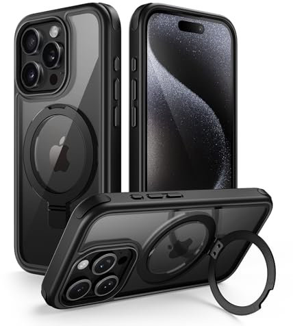 MobNano for iPhone 15 Pro Max Case with Stand, Compatible with MagSafe, Crystal Clear, Military-Grade Protection, Magnetic Ring Holder & Protective Bumpers Outdoor Cover - Black