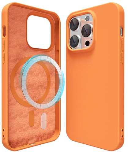 oakxco für iPhone 14 Pro Hülle Magsafe Silikon Handyhülle Bunt, Ultra Dünn Slim Case Einfarbig Handy Hülle Mädchen, Magnetisch Induktives Laden Schutzhülle Matt Silikonhülle Glatt Gummi, Neon Orange