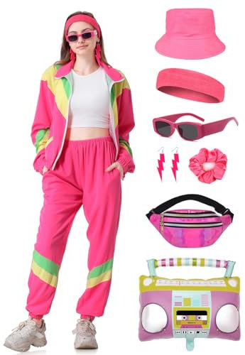 Coseaon 80er 90er Jahre Outfit Damen Trainingsanzug Jacke Hose Anzug 80er Retro Kleidung Accessoire 80s Kostüm Halloween Karneval Party (Rosa, 2XL)