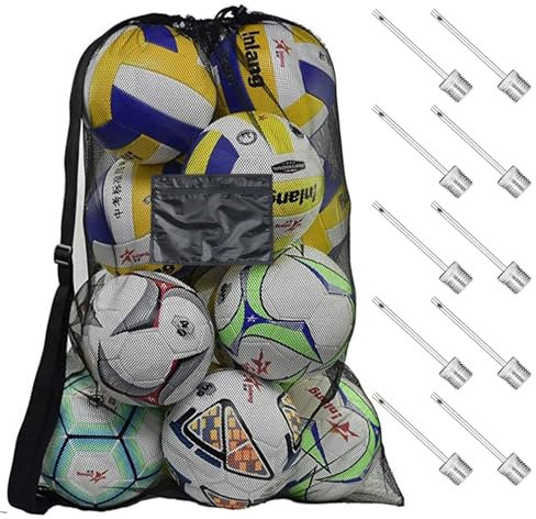 Scettar Extra Groß Fußball Ballnetz, Ballnetz für 10 Bälle mit Kordelzug, Schwarz Sportnetz für Basketball/Fußball/Volleyball, Tragbar Fußballnetz, mit 10 Stück Aufblasbare Nadeln Aus Edelstahl