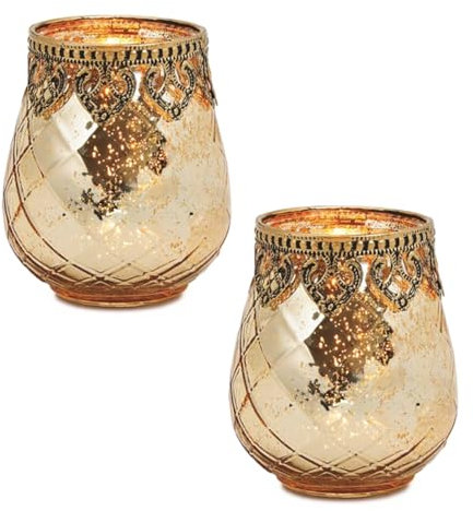 Vintage Windlicht Kerzengläser gold 2er Set in 10 cm - Modernes Windlichtglas als Kerzenständer Laterne und Teelichthalter - Boho Kerzenhalter Teelichtglas als Tisch-Deko, Balkon, Hochzeit