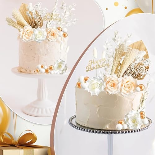 25Pcs Boho Cake Decorations, Birthday Flower Cake Decorations, White/Pink Rose Flower Cake Topper Decorations & Bunny Tails Pampas Grass for Women girls Birthday and Wedding Cake