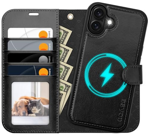 OCASE for iPhone 16 Plus Case, Detachable 2 in 1 PU Leather Wallet Case with RFID Blocking, Wireless Charging, Card Holders, Kickstand, Shockproof Removable Phone Cover, Black