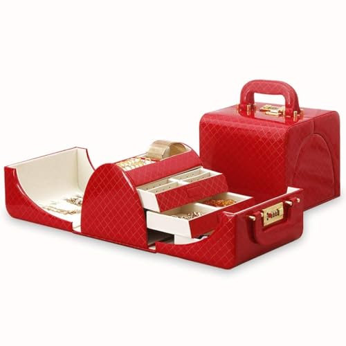 RJFGIDEM Schmuckschatullen, Schmuckschatulle für unterwegs, tragbarer Schmuck-Organizer mit Griff-Design, 3-stelliger Code, abschließbarer Aufbewahrungskoffer für Frauen und Mädchen(Red)