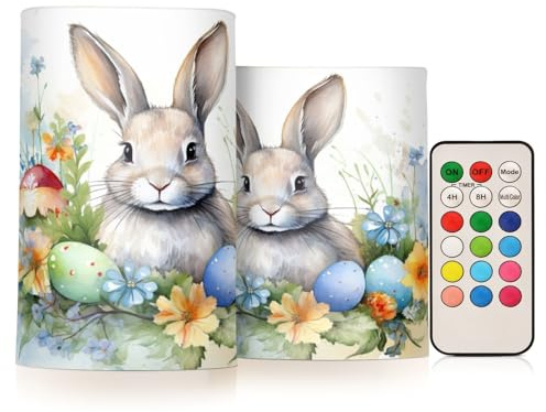 Mnsruu Flackernde flammenlose Kerzen Haseneier Ostern Frühling LED Kerzen mit Fernbedienung Timer 2er Set Batteriebetriebene Kerze Heimdekoration