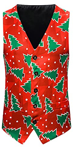 Gilet da uomo rosso con albero di Natale, gilet con motivo albero verde festivo, elegante gilet senza maniche, comodo vestito per feste di Natale, gilet rosso a tema invernale da uomo, Rosso, L