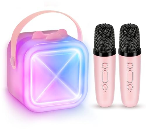 Karaoke Machine 2 Microphones for Kids Adults,Mini Karaoke Microphone Kids Microphone Portable Bluetooth Speaker Player Gifts Toys for Girls 4, 5, 6, 7, 8, 9, 10 +Year Old Birthday Home Party (Pink)