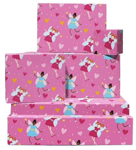Feen-Geschenkpapier zum Geburtstag – 6 Bögen Geschenkpapier – Feen, Zauberstab, Herz – rosa Geschenkpapier für Mädchen – mit Aufklebern – recycelbar – von Central 23