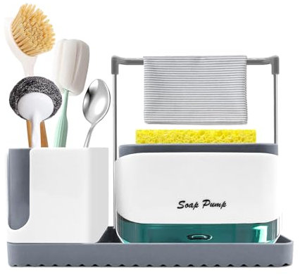 HMJIA Spülbecken Organizer Set Spülmittelspender mit Tablett und Schwammhalter Waschmittel Wiederbefüllbar Geeignet für Küchenspüle (Weiß)