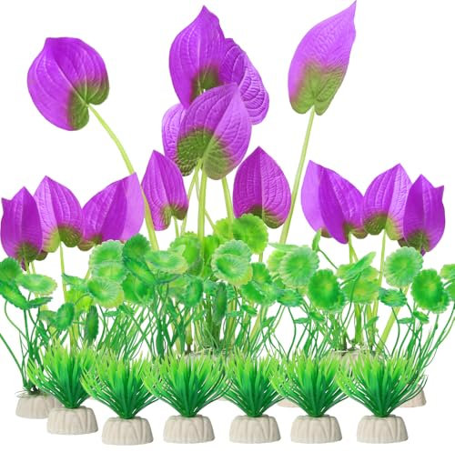 BEGONDIS 15-Piece Lifelike Plastic Aquarium Plants Set, Vibrant Underwater Garden (Purple)