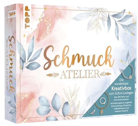 TOPP Die wunderbare Kreativbox Schmuckatelier. Anleitungsbuch (32 S.), Flachzange, Biegeringöffner, Perlennadeln, Perlenlegebrett, über 800 Perlen und Schmuckaccessoires