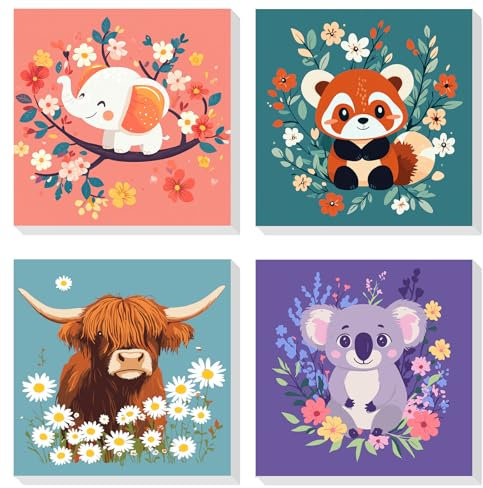 DOMROM Animal Peinture Numero Adulte, Lot de 4 Kits Peinture par Numéros avec Cadre, DIY Peinture Acrylique Coloriage Par Numero Paint by Numbers pour la Décoration de la Maison 20x20cm