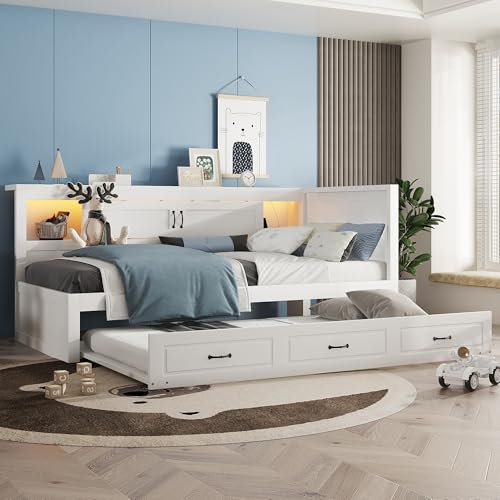 Dolamaní Tagesbett 90x200 cm mit Ausziehbar Bett 90x190 cm, Bettseitiges mit Stauraum Staufach, Funktionsbett Ohne Matratze (Weiß)