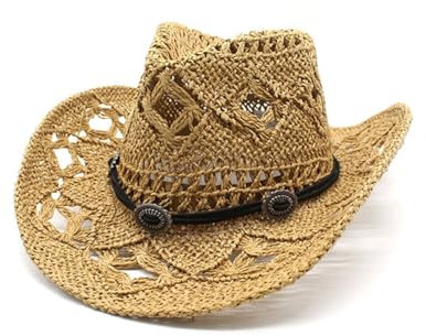 Cazqgoy Straw Cowboy Hats for Women Sun Protection Straw Cowgirl Hat Breathable Beach Hat Wide Brim Western Cowgirl Hat, caqui, L