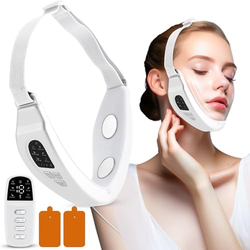 Elektrisches V-Face Shaping Massager, EMS Facelifting Gerät Weiß | Gesicht mit 6 Modi 18 Intensitätsstufen,Doppelkinn Entferner mit Fernbedienung,Gesichtsmassagegerät für Schlanke Kieferlinie