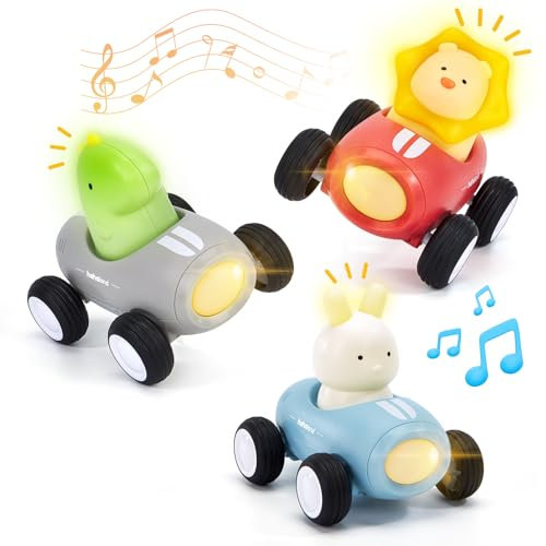 hahaland Jouets de Voiture pour Bebe 1-3 Ans, Petite Voiture à Pousser et à Emporter avec Musique & Lumière, Véhicules à Friction Jouet pour Bebe 12 à 18 Mois, Cadeau Garçons et Filles - 3 Pièces