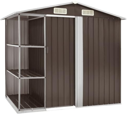 Gartenhaus mit Regal braun 205x130x183 cm Eisen Gestell für Werkzeug und Gartengeräte Aufbewahrung