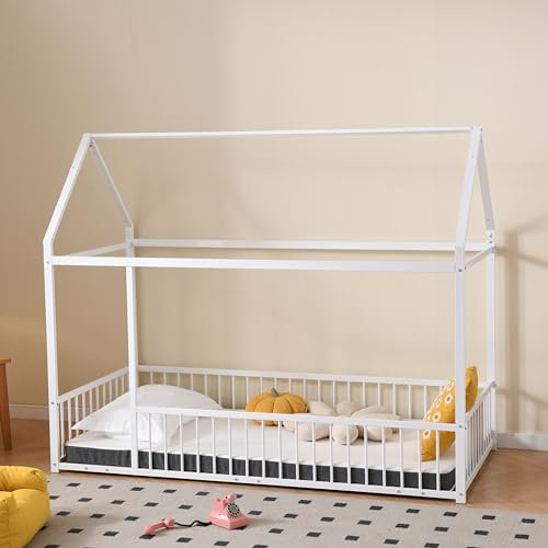 GigaXynium Hausbett mit Lattenrost (140x200 cm), Kinderbett, Metallbett, Jugendbett