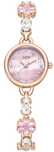 Alienwork Armbanduhr Damen Roségold Edelstahl Metallarmband Pink Perlmutt-Zifferblatt Strass-Steinen Elegant