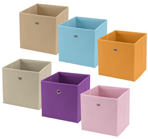 SYUTBOU 6 Stück Aufbewahrungsbox Stoff, 27 x 27 x 28cm Mehrfarbige Faltboxen, Aufbewahrungswürfel mit Öse, Faltbox für Wohnzimmer, Schlafzimmer, Beige, Khaki, Pink, Blau, Orange, Violett