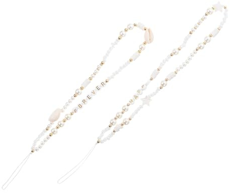 ABOOFAN 2 Stück Boho Handykette mit Perlen und Buchstaben DIY Handyanhänger für Damen Modische Anti lost Kette mit Muschel design Leichtes Kreatives Zubehör für Smartphone und Tasche