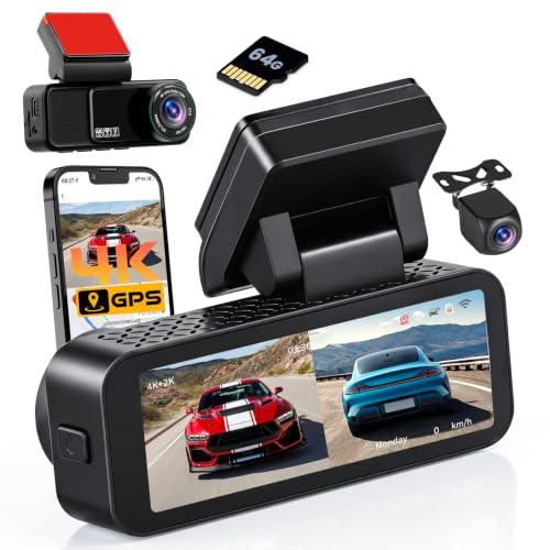 Hikity 4K Doppia Dashcam, 4K+2K UHD Telecamera per Auto Dash Cam | 3.16 Touchscreen mit 150° Grandangolo G-Sensor Visione Notturna ADAS/BSD Monitor di Parcheggio Registrazione in Loop 64GB