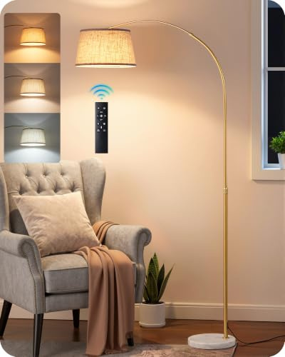 EDISHINE Lampada Terra Soggiorno, Altezza Regolabile, LED Dimmerabile, Oro | Lampada da Terra ad Arco, Testa Rotante, Struttura Metallo Regolabile 143-176 cm, Telecomando Magnetico, LED E27