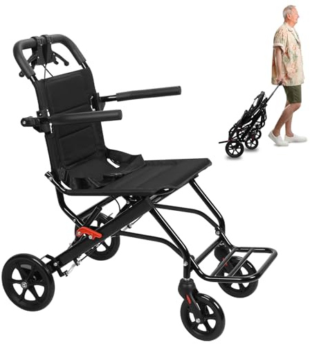 Rollstuhl Faltbar Leicht, Erwachsenen Rollstuhl Tragbar Ultralight mit Großen Reifen, Transportrollstuhl für Reise & Wohnung, Faltbarer Rollstuhl bis 100 kg (Schwarz-(mit einem Zuggriff))