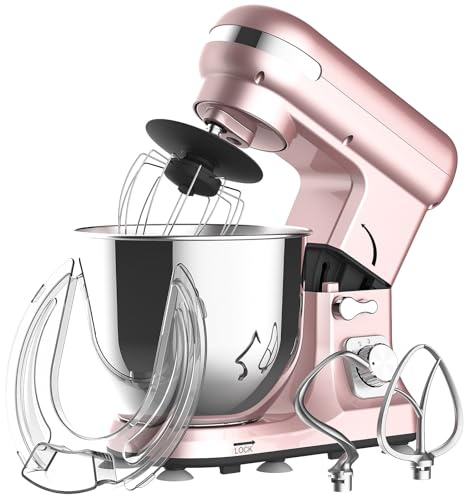 MoraRise 6.5L Stand Mixer, 1400W Food Mixer Dough Blender with Bowl, 6-Speed + Pulse, Dough Hook, Beater & Whisk, Tilt-Head Electric Cake Mixer for Baking with Splash Guard (Gold Rose)