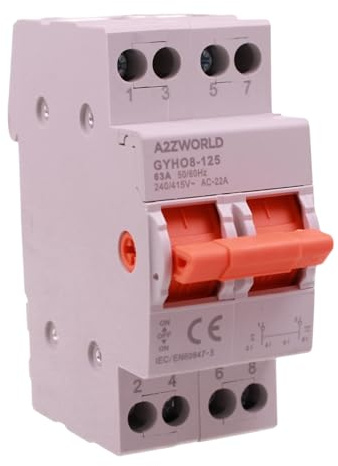 Commutatore 3 Posizioni 1-0-2, 2P Bipolare 63A 220V, Interruttore di Commutazione Modulare da Guida DIN, ATS Manuale per Rete Principale e Alimentazione di Riserva, IP20