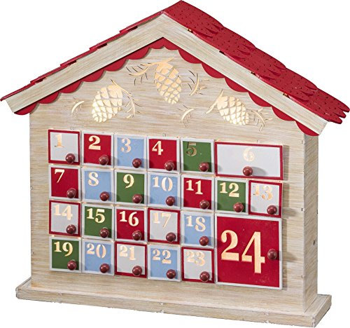 Konstsmide LED Holzadventskalender mit 24 Schubladen, naturfarben, mit Fernbedienung, 29 warm weiße Dioden, 4.5V Innentrafo, Innen, transparentes Kabel - 2819-100