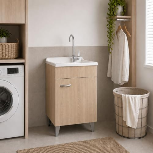 Yellowshop Mobile Lavatoio Lavapanni Legno 45x50 cm | Anta, Per Lavanderia e Bagno, Con Pilozza Lavabo, Altezza 91 cm, Disponibile in Varie Misure
