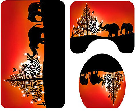 Morbuy 3-teiliges Badvorleger-Set Duschmatte + Konturmatte + WC-Deckelbezug, Weihnachtsmann rutschfeste Badvorleger für Küche, Weihnachten (Weihnachtsbäume)