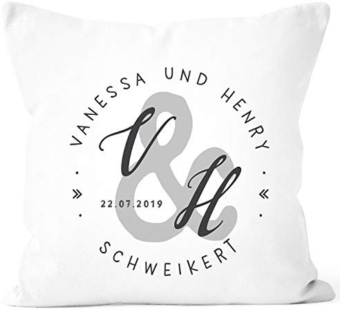 SpecialMe® personalisierbares Kissen zur Hochzeit mit Namen und Datum Stempel-Design Initialen Hochzeitsgeschenk Kissenhülle weiß Unisize