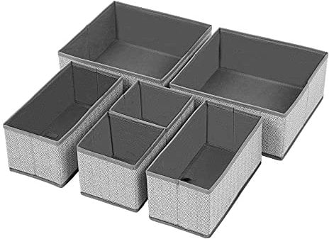 SONGMICS Aufbewahrungsboxen für Unterwäsche, 6er Set, Schubladen-Organizer, Stoffboxen, Aufbewahrungskörbe, Vliesstoff in Leinenoptik, Socken, Krawatten, Schals, grau