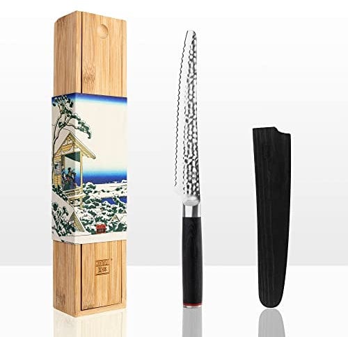 KOTAI | Couteau à Pain | Couteau Dentelé | Lame de 20 cm | Martelé et Aiguisé à la Main | Acier Inoxydable Japonais 440C Ultra-Tranchant | Manche en Pakkawood | Pleine Soie Cachée